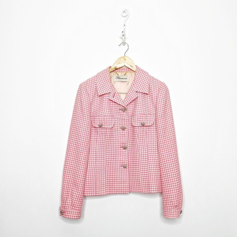 BLUMARINE Gingham Plaid Pink Wool Blazer rhinestone barbie WOMENS US 6